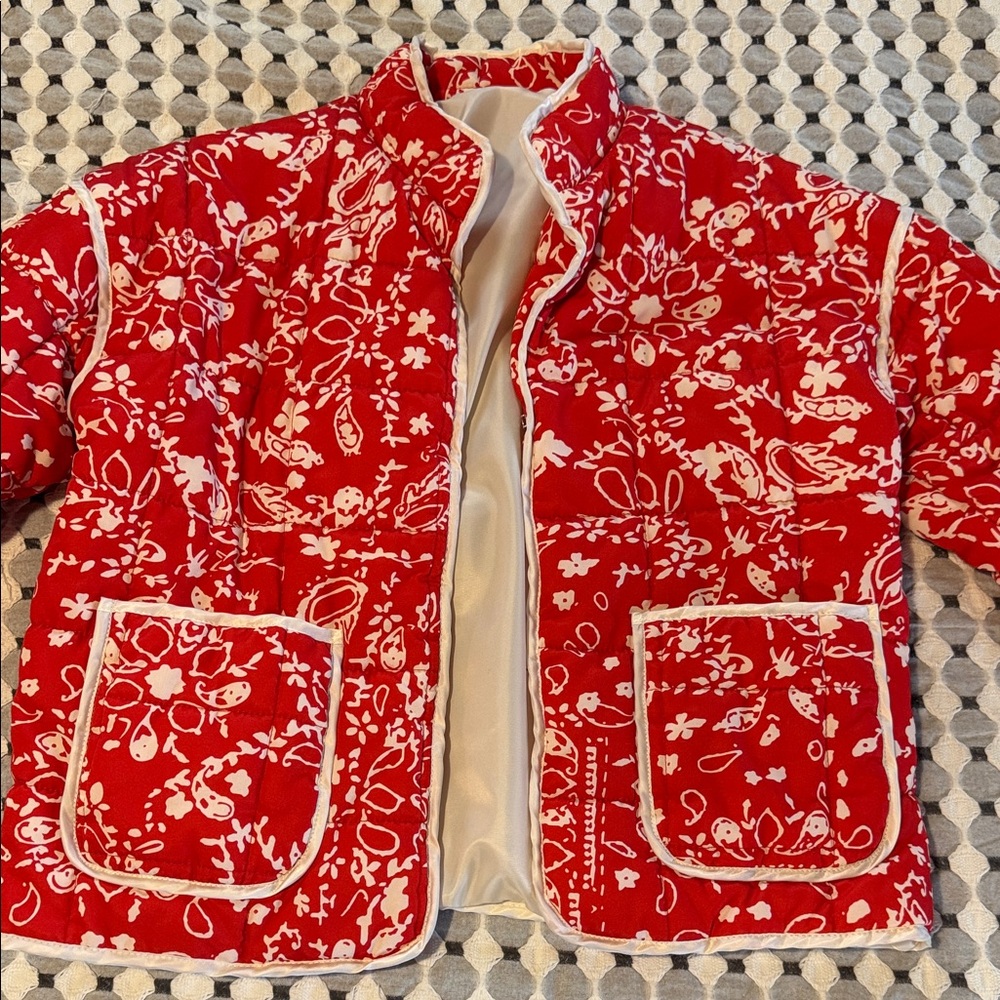 Red Floral Quilted Jacket with White Trim